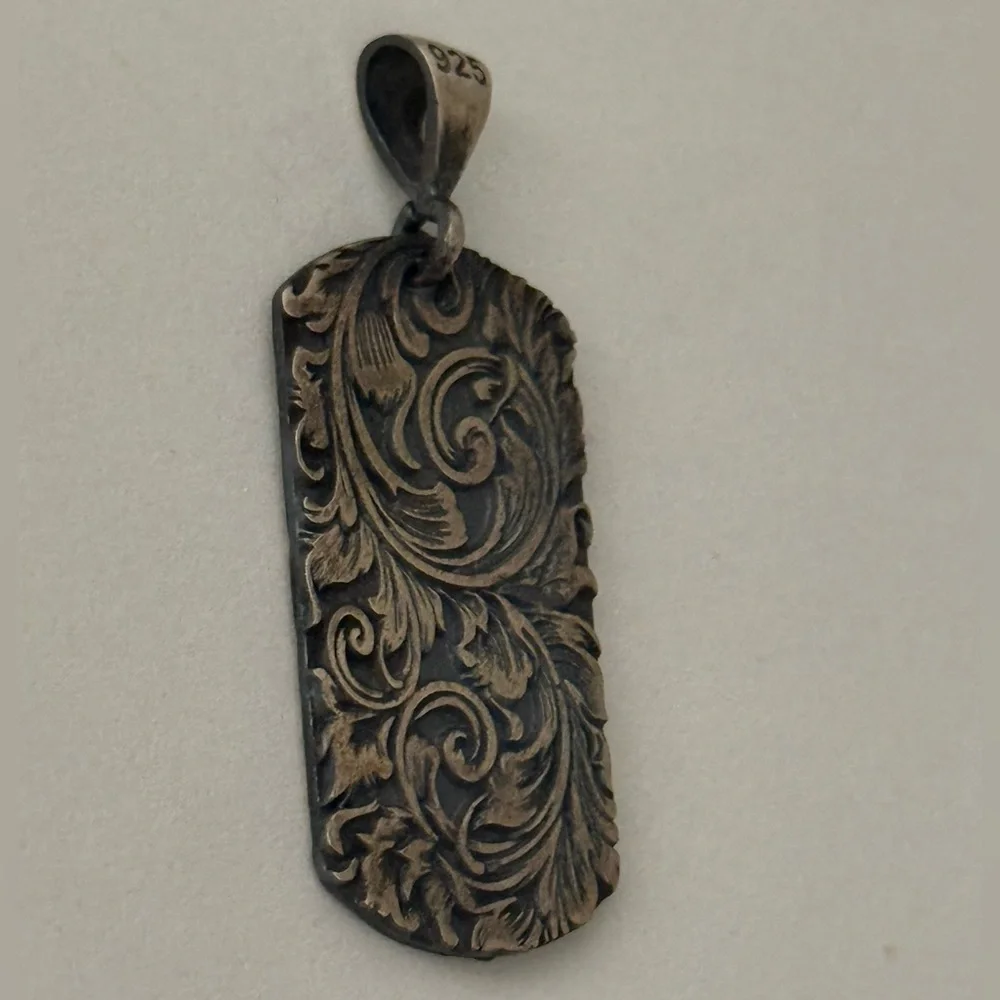 925 Silver rectangle pendant floral unisex